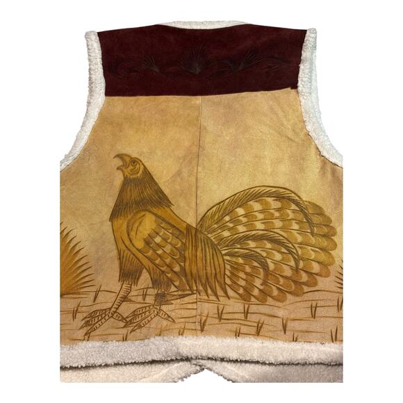 Vintage Pyrographed leather Suede Rooster Western Sherpa lined Vest size XL - Picture 10 of 16